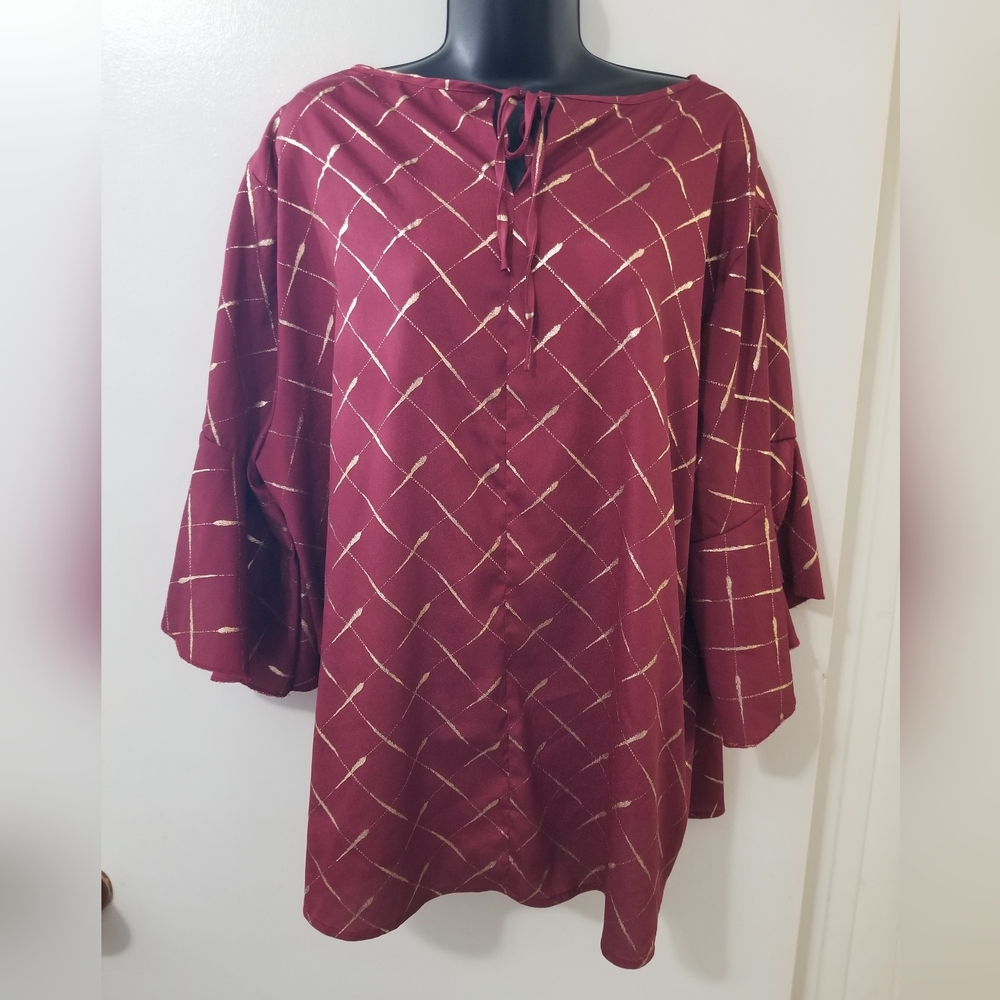 Burgundy Women's Top With Gold Thread Design And Statement Sleeves M